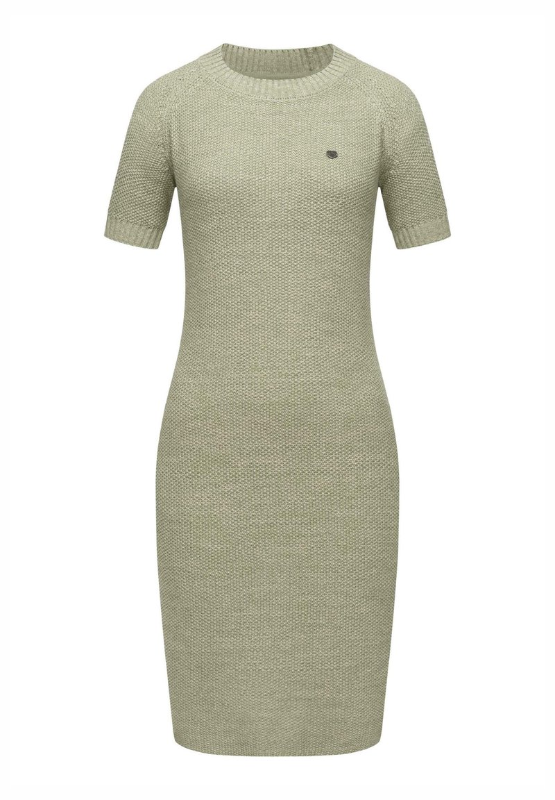 Robe ajustée à manches courtes en tricot de couleur vert olive clair avec un col rond et un petit logo brodé sur la poitrine gauche.