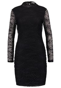 Svart spetsklänning med långa ärmar, hög hals och intrikat bladmönster. Figurpassande silhuett med kort längd.