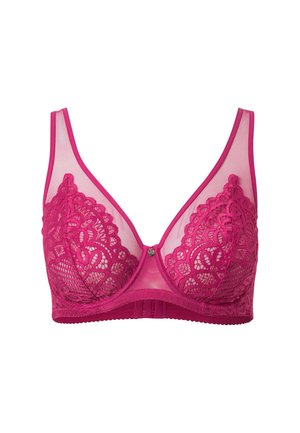 Rosa Spitzen-BH mit transparenten Mesh-Einsätzen, verstellbaren Trägern, Bügel-Unterstützung und Haken-Ösen-Verschluss hinten.