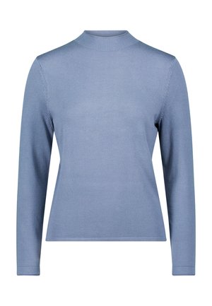 Lichtblauwe trui met lange mouwen en een hoge hals, gemaakt van een glad gebreide stof. Heeft een aansluitende pasvorm en geribbelde kraag en manchetten.