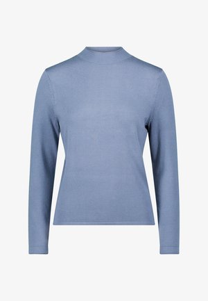 Maglione a maniche lunghe azzurro chiaro con collo alto, realizzato in tessuto a maglia liscia. Presenta una silhouette aderente e collo e polsini a coste.
