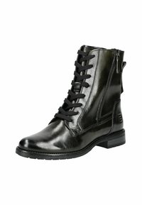 Botines de piel negra con un acabado brillante, que presentan un cierre con cordones en la parte delantera y una cremallera lateral, suela de goma texturizada y un delicado detalle del logo.