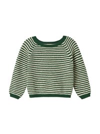 Pull rayé présentant des bandes horizontales vert foncé et crème, col rond, ainsi que des poignets et un ourlet côtelés ; fabriqué en tissu tricoté.