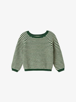 Prugasti pulover s tamnozelenim i krem trakama na horizontu, okrugli ovratnik, te rebrastim manžetama i donjim rubom; izrađen od pletene tkanine.