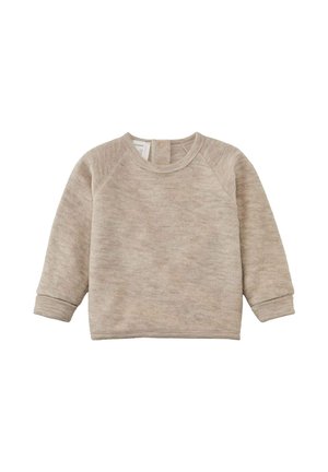 Beige long-sleeve baby sweater with ribbed cuffs and neckline, featuring two snap buttons on the back for closure.