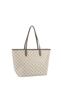 Borsa tote beige con texture, caratterizzata da un motivo ripetuto, dettagli grigi e due lunghe maniglie per il trasporto. Presenta una forma strutturata.