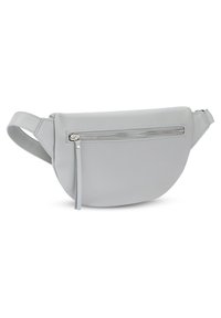 Marsupio in pelle grigia con design curvo, dotato di una tasca frontale con zip e di una tracolla laterale per essere indossato in vita o attraversato sul corpo.