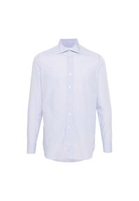 Camisa de manga larga azul claro hecha de algodón. Cuenta con un cierre frontal de botones, collar puntiagudo y un sutil patrón de cuadros. Diseño entallado.