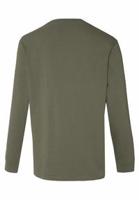 Olivegrünes Langarm-T-Shirt aus weichem Material, mit Rundhalsausschnitt und enganliegenden Ärmeln, hat einen schlichten Rücken und keine auffälligen Muster.
