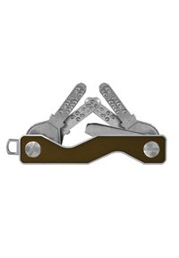 Multi-tool with a brown metal handle and silver tools; features several knife blades with textured grips and a keyring attachment.
