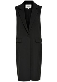 Czarny bezrękawnik z wykładanymi klapami, z zapięciem na jeden guzik i dwiema przednimi kieszeniami, wykonany z gładkiego materiału.