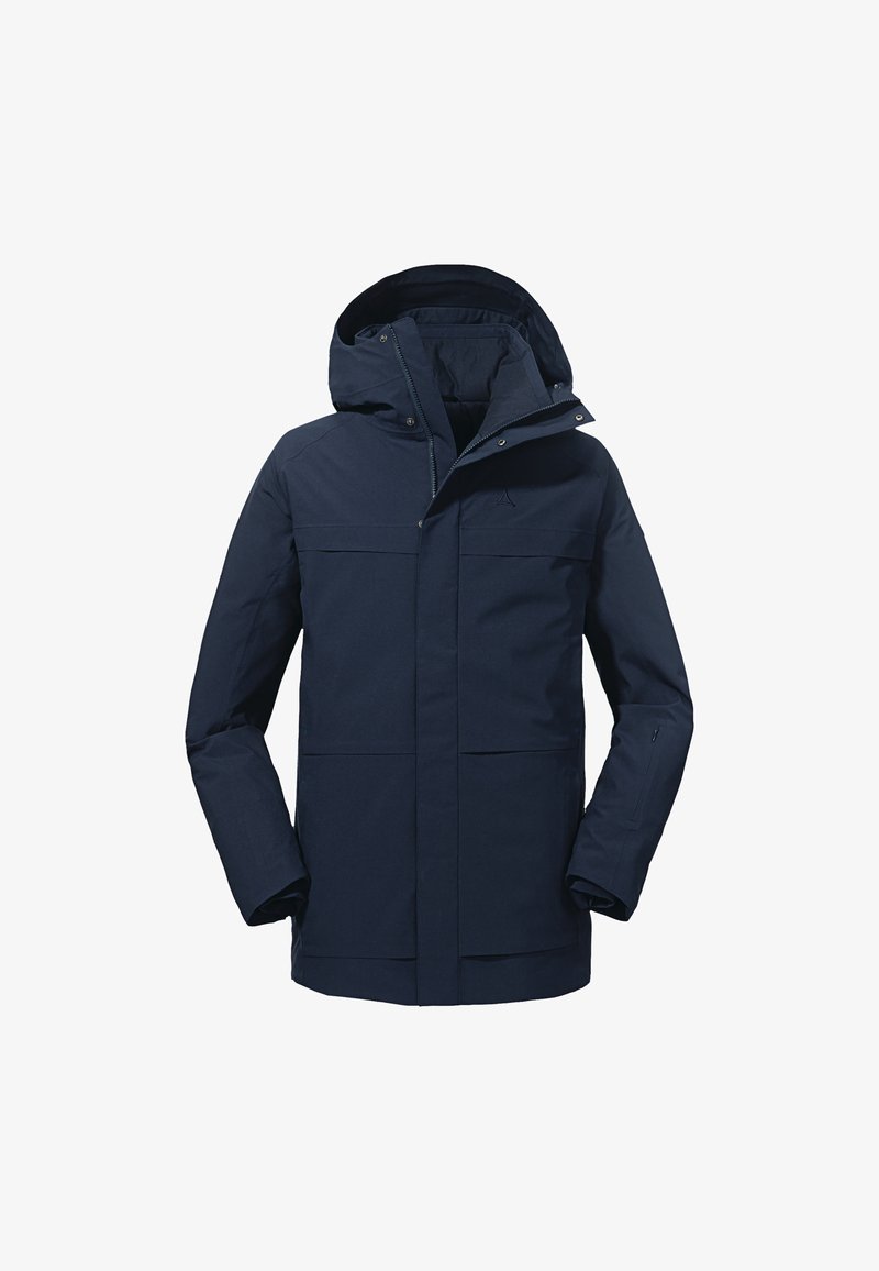 Navy blue waterproof jacket with a hood, featuring front pockets and a zippered sleeve pocket, constructed from smooth, durable material.
