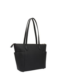 Sac fourre-tout en cuir noir avec deux longues anses, fermeture éclair et deux poches latérales. Texture lisse et forme structurée pour plus de praticité.