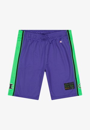 Fioletowe siatkowe szorty do koszykówki z zielonymi panelami bocznymi i czarnymi akcentami; elastyczna talia z naszywką z logo marki i etykietą.