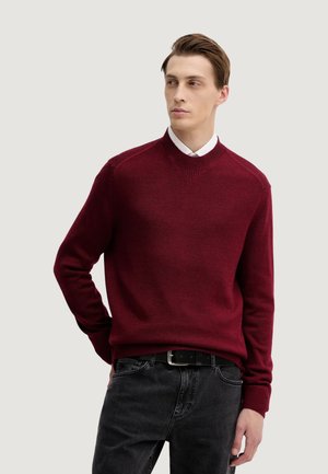 Giovane uomo che indossa un maglione lavorato a maglia bordeaux sopra una camicia bianca con jeans neri, in piedi davanti a uno sfondo chiaro e semplice.
