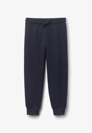 Pantalones de chándal azul marino hechos de una tela suave, con una cinturilla elástica con cordón y puños acanalados en los tobillos.