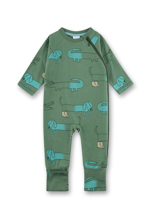  Grüner Baumwoll-Overall mit langen Ärmeln, der einen verspielten Druck von einem Hund und einem Krokodil in Blau zeigt. Enthält einen Seitenreißverschluss und elastische Bündchen an den Knöcheln.