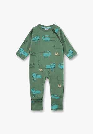 Green cotton romper with long sleeves, featuring a playful dog and crocodile print in blue. Includes a side zipper and cuffed ankles.