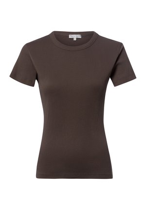 T-shirt aderente marrone a maniche corte con coste, scollo rotondo e piccola etichetta all'interno del colletto posteriore.