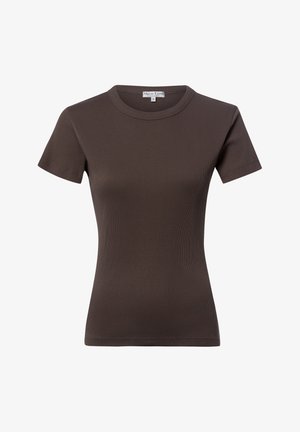 Brązowy prążkowany dopasowany t-shirt z krótkim rękawem, okrągłym dekoltem i małą metką na wewnętrznej stronie tylnego kołnierza.