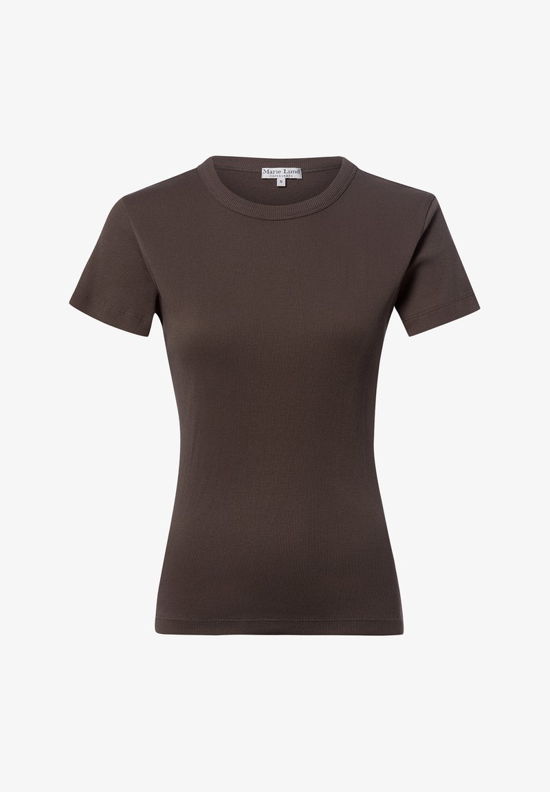 T-shirt marron côtelé à manches courtes ajusté avec encolure ronde et petite étiquette à l'intérieur du col arrière.