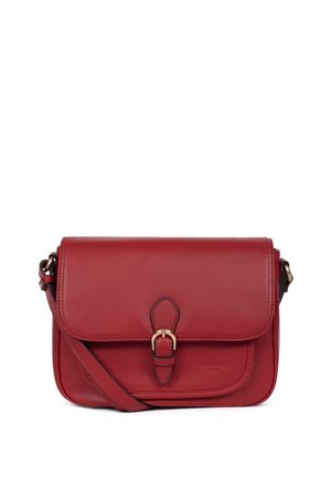 Red leather crossbody bag with a flap closure and gold buckle. Features a smooth texture and a detachable strap for versatility.