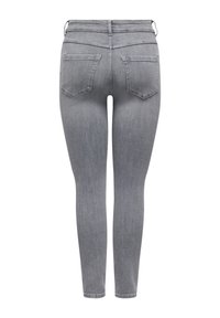 Jean en denim gris coupe slim avec deux poches arrière, passants de ceinture et taille haute, vu de dos sur fond blanc.