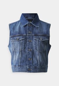 Denim sleeveless jacket in a medium blue wash. Features a collar, six buttons, two chest pockets, and a cropped design with a slightly faded texture.