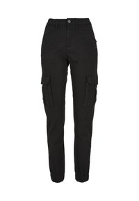 Černé cargo kalhoty s elastickými manžetami, předním zapínáním na knoflík a zip, poutky na opasek a klopovými kapsami na obou stehnech.