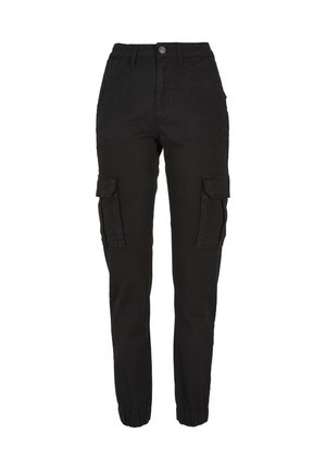 Schwarze Cargo-Hose mit elastischen Bündchen, vorderer Knopf- und Reißverschluss, Gürtelschlaufen und Klapptaschen an beiden Oberschenkeln.
