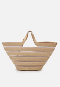 Raitapussukka luonnollisella kudontakuvalla, vaaleanbeigeillä yksityiskohdilla ja leveällä avoimella ylhäällä. Varustettu kestäville käsikahvoilla ja tilavalla muotoilulla.