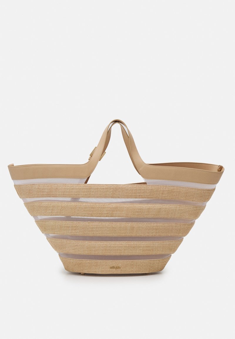 Borsa a tracolla a righe con una texture intrecciata naturale, dettagli beige e apertura ampia. Presenta manici robusti e un design spazioso.