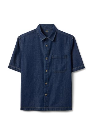 Donkerblauw denim blouse met korte mouwen, puntkraag, knopen aan de voorkant en een zak op de borst.