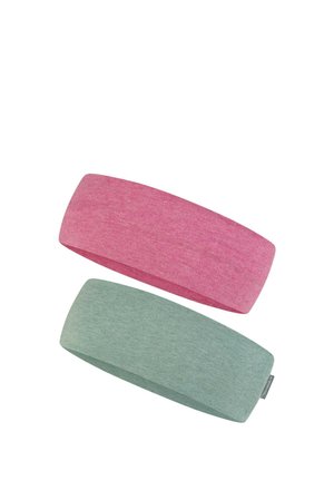 Two soft fabric headbands, one pink and one light green, displayed side by side on a white background.
