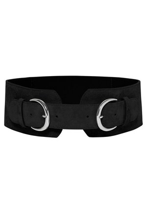 Schwarzer breiter Gürtel mit zwei silbernen Metallverschlüssen und Wildlederstruktur, entworfen zum Taillieren und modischen Gebrauch.
