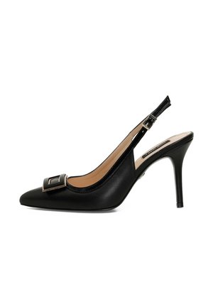 Black leather slingback heel with a pointed toe and a gold-accented square buckle. Features a slender heel and smooth texture.