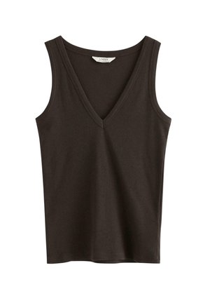 Canotta senza maniche di colore marrone scuro, realizzata in tessuto a coste, con scollatura a V profonda e senza ulteriori motivi o abbellimenti.
