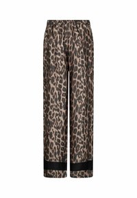 Leopardprint broek in beige en zwart, met een elastische tailleband en zwarte accentstrepen aan de zoom. Lichtgewicht stof, wijd uitgesneden ontwerp.