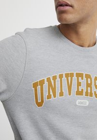 Sudadera gris con el texto en negrita "UNIVERSITY" en dorado y "MMXX" en blanco. Cuello redondo y tejido texturizado. Vista en primer plano.