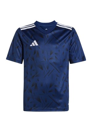 Navy blue athletic jersey with short sleeves, featuring a geometric black pattern and white three-stripe accents on the shoulders.