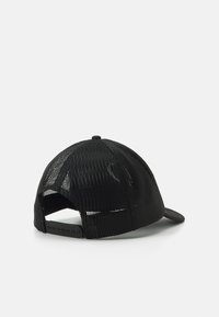 Black mesh cap featuring a curved brim, adjustable strap at the back, and a smooth fabric underside. Textured design allows breathability.