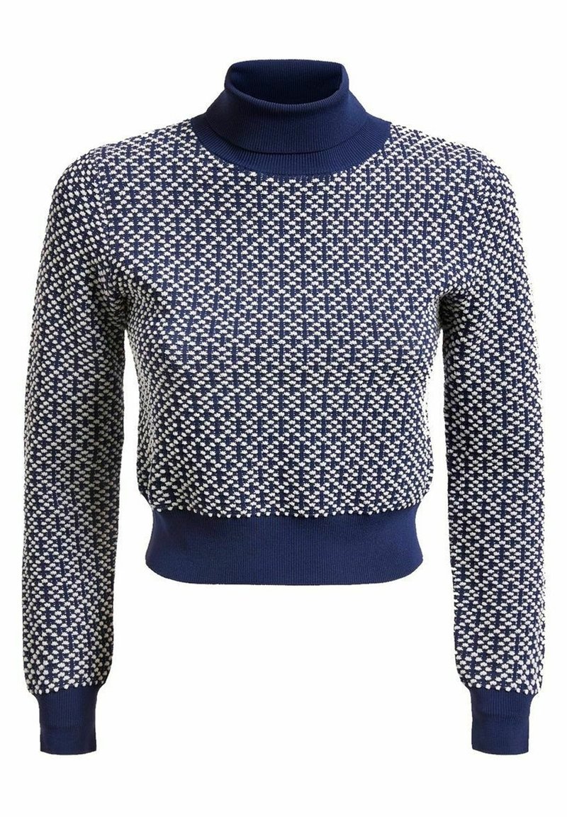 Dunkelblauer Pullover mit hohem Kragen, der ein strukturiertes weißes Muster aufweist. Gerippte Bündchen und Saum, glattes Strickmaterial. Kürzerer Schnitt.