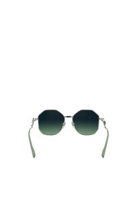 Occhiali da sole ottagonali con montatura argentata, lenti a sfumatura verde scuro e stanghette verde chiaro. Design minimalista con cerniere resistenti.