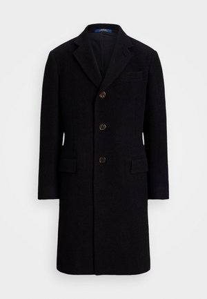 Schwarzer Wollmantel mit maßgeschneidertem Design, verfügt über drei Vorderknöpfe, einen scharfen Kragen und zwei vordere Taschen. Glatte Textur, klassische Silhouette.
