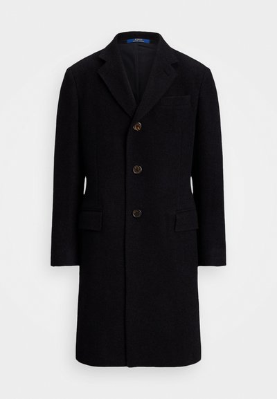 Black wool overcoat with a tailored design, features three front buttons, a sharp collar, and two front pockets. Smooth texture, classic silhouette.