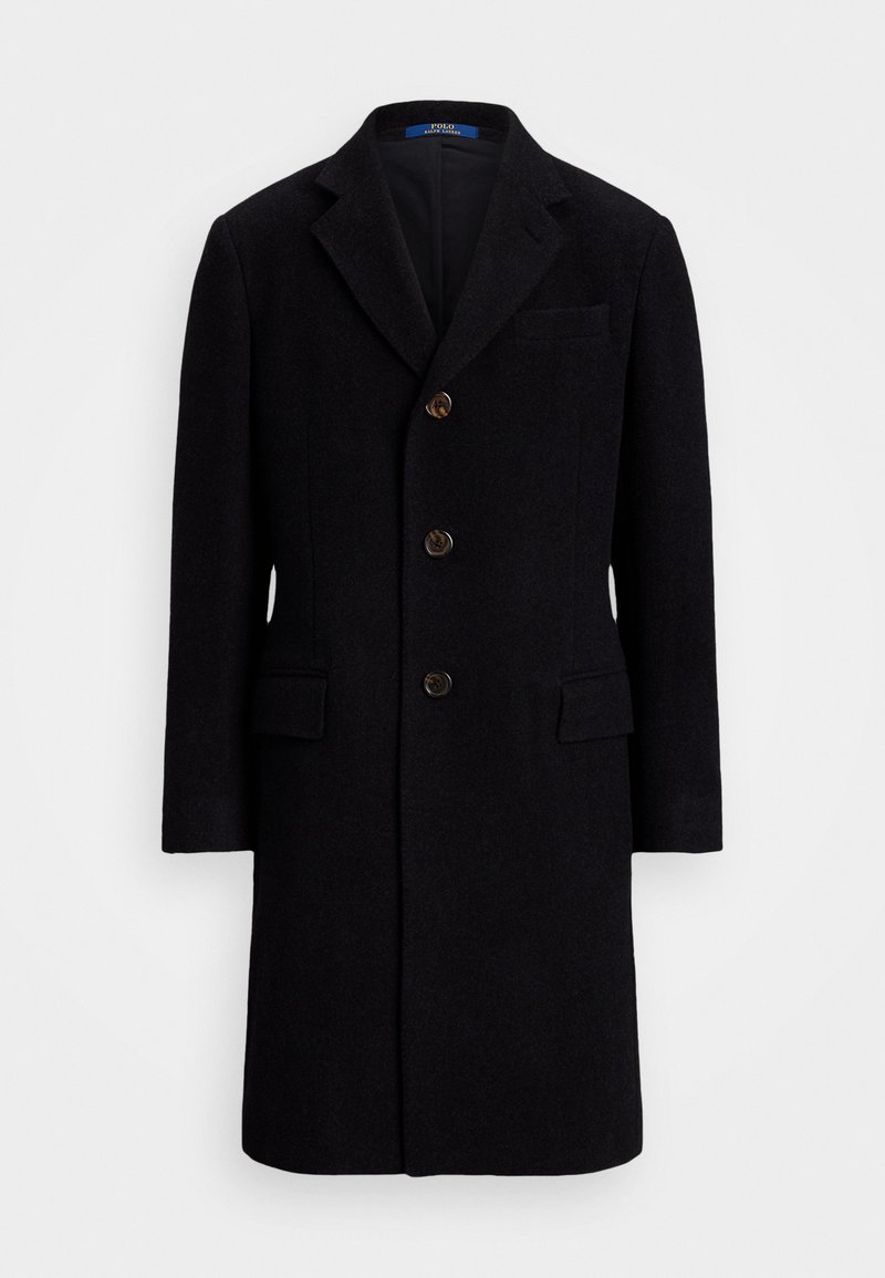 Zwarte wollen overjas met een op maat gemaakte look, voorzien van drie voorknopen, een scherpe kraag en twee voorzakken. Soepele textuur, klassieke silhouet.
