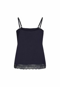 Mørkeblå tanktop med tynde justerbare stropper og blonder ved kanten. Fremstillet af blødt materiale, har et enkelt og afslappet design.