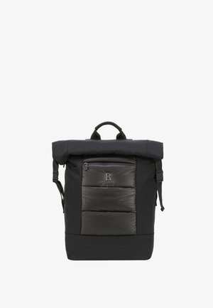 Schwarzer Rucksack mit gepolstertem Frontfach, Rollverschluss, verstellbaren Trägern und Griff oben. Hergestellt aus strapazierfähigem Material mit einem eleganten Design.