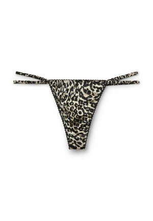 Tanga de estampado de leopardo con delgadas tiras negras ajustables, tela suave y bordes en forma de onda, que presenta un atrevido patrón animal.