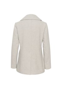 Manteau en laine gris clair cintré avec manches longues et large col, montré de dos sur fond blanc.
